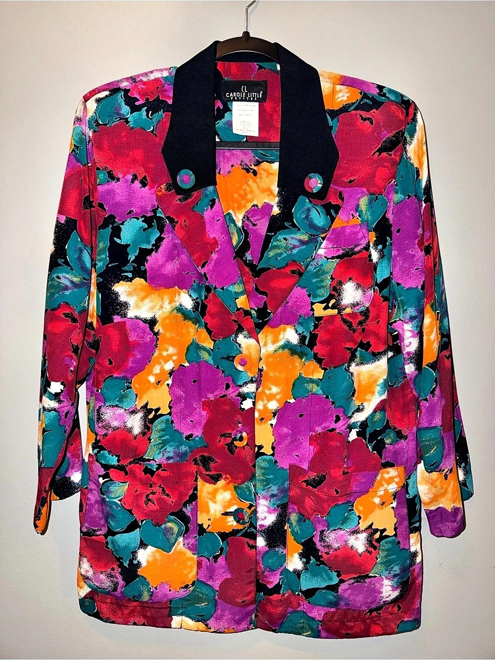 Vintage 90s Carole Little Petites Abstract Watercolor Floral Blazer Jacket Sz 4